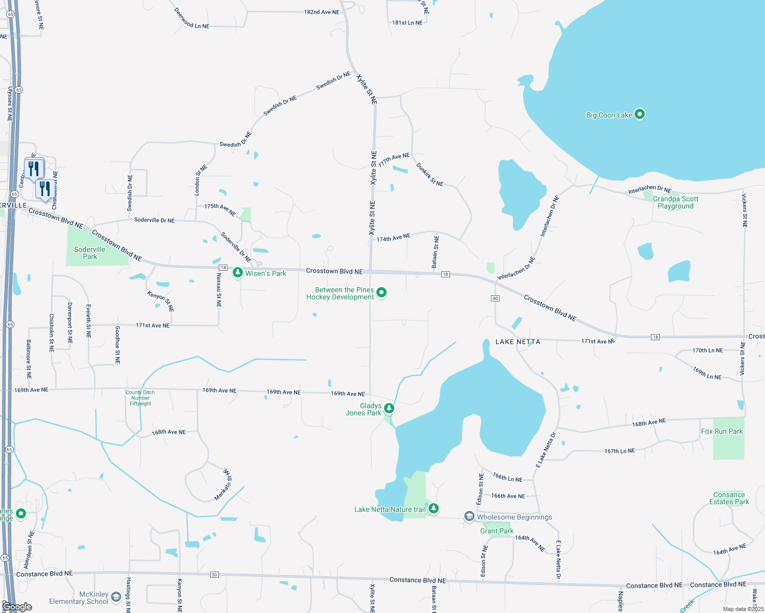 map of restaurants, bars, coffee shops, grocery stores, and more near 17167 Xylite Street Northeast in Ham Lake