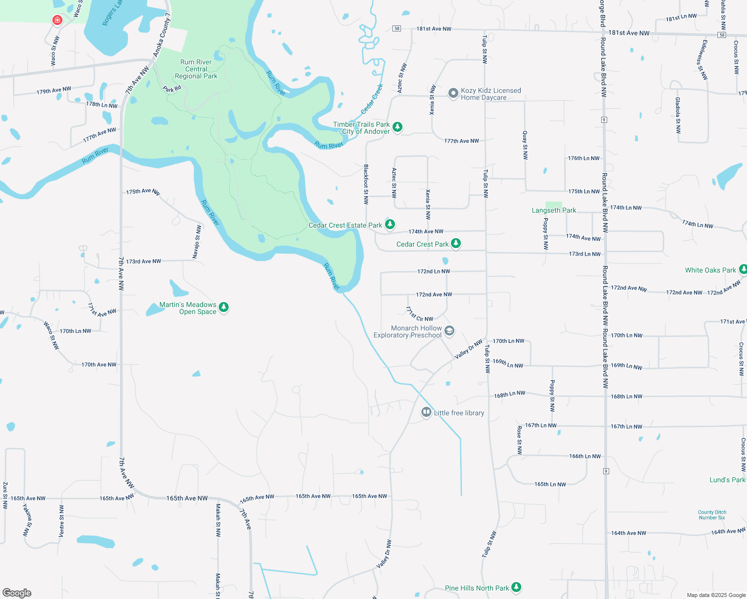 map of restaurants, bars, coffee shops, grocery stores, and more near 17138 Aztec Street Northwest in Andover