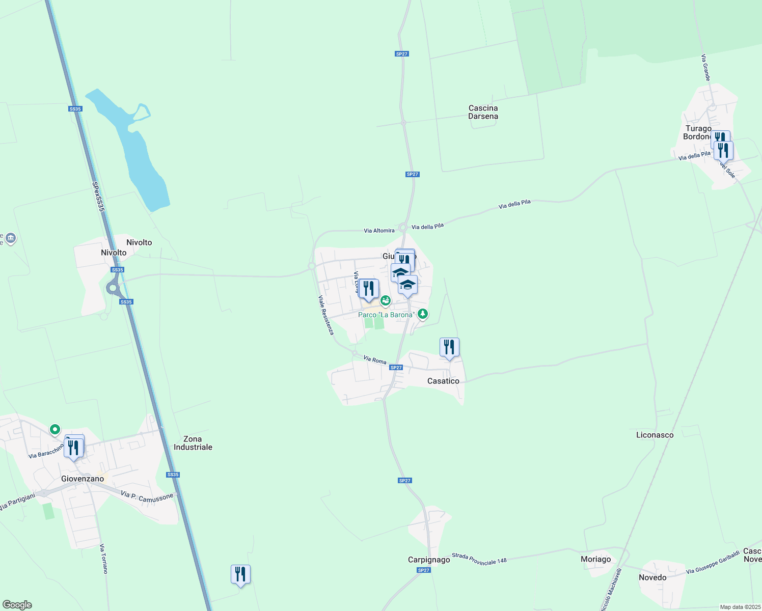 map of restaurants, bars, coffee shops, grocery stores, and more near 28 Via Traviganti in Giussago