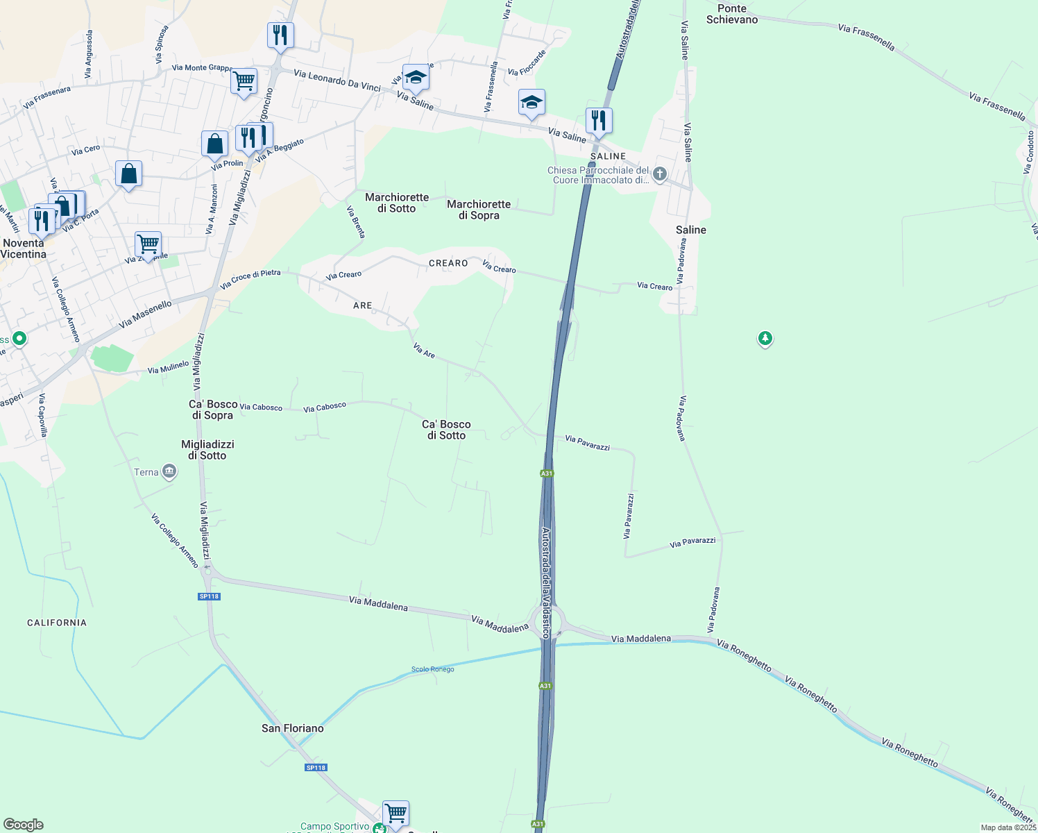 map of restaurants, bars, coffee shops, grocery stores, and more near 135 Via Are in Provincia di Vicenza