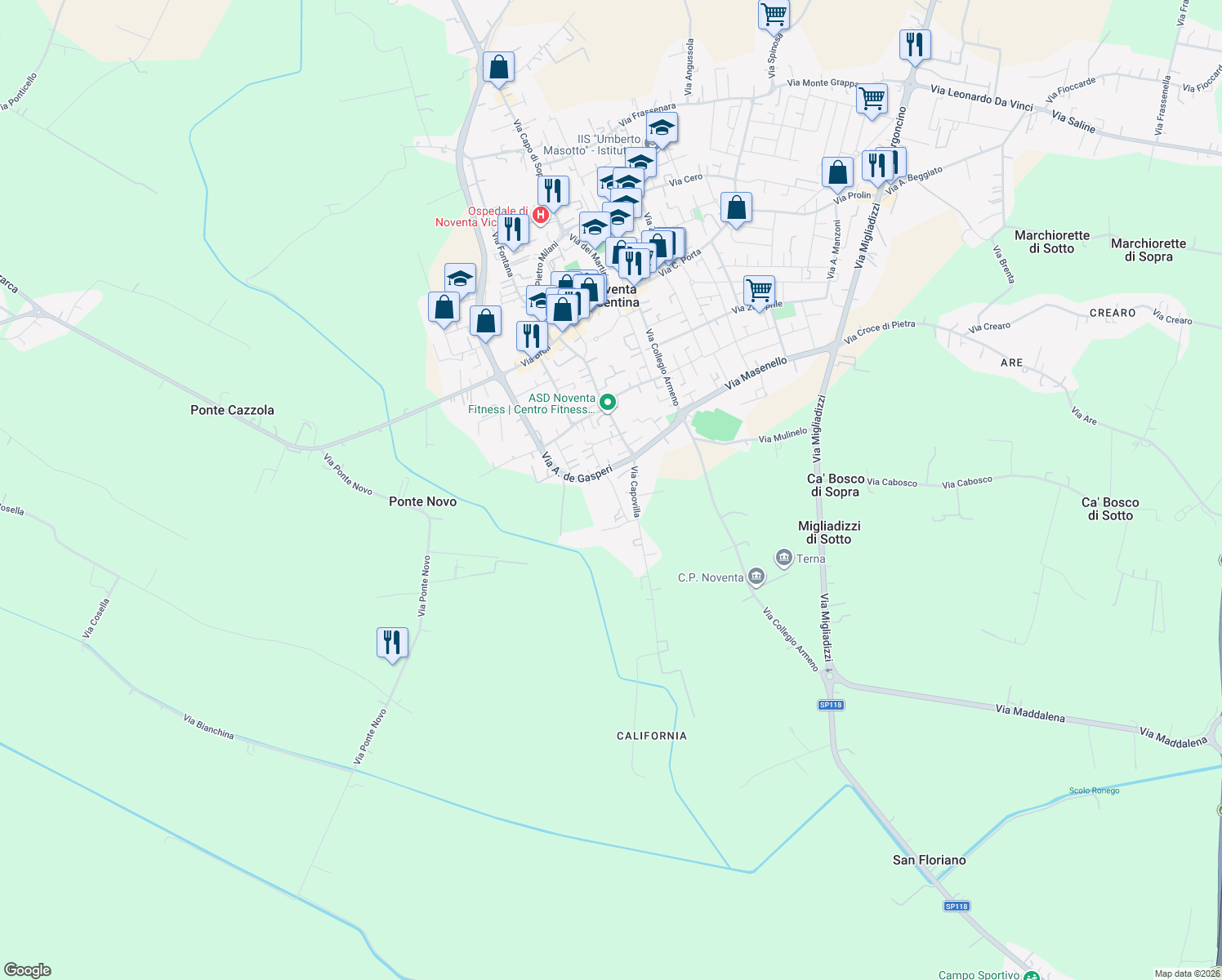 map of restaurants, bars, coffee shops, grocery stores, and more near 50/A Via Borghetto in Noventa Vicentina