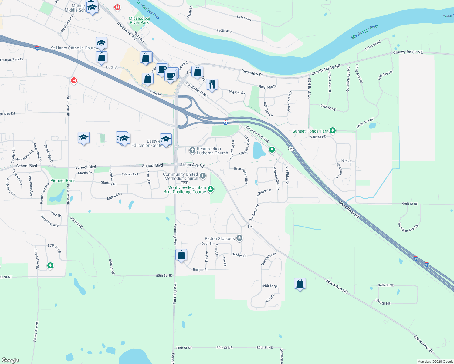 map of restaurants, bars, coffee shops, grocery stores, and more near 1035 Hawthorne Place North in Monticello