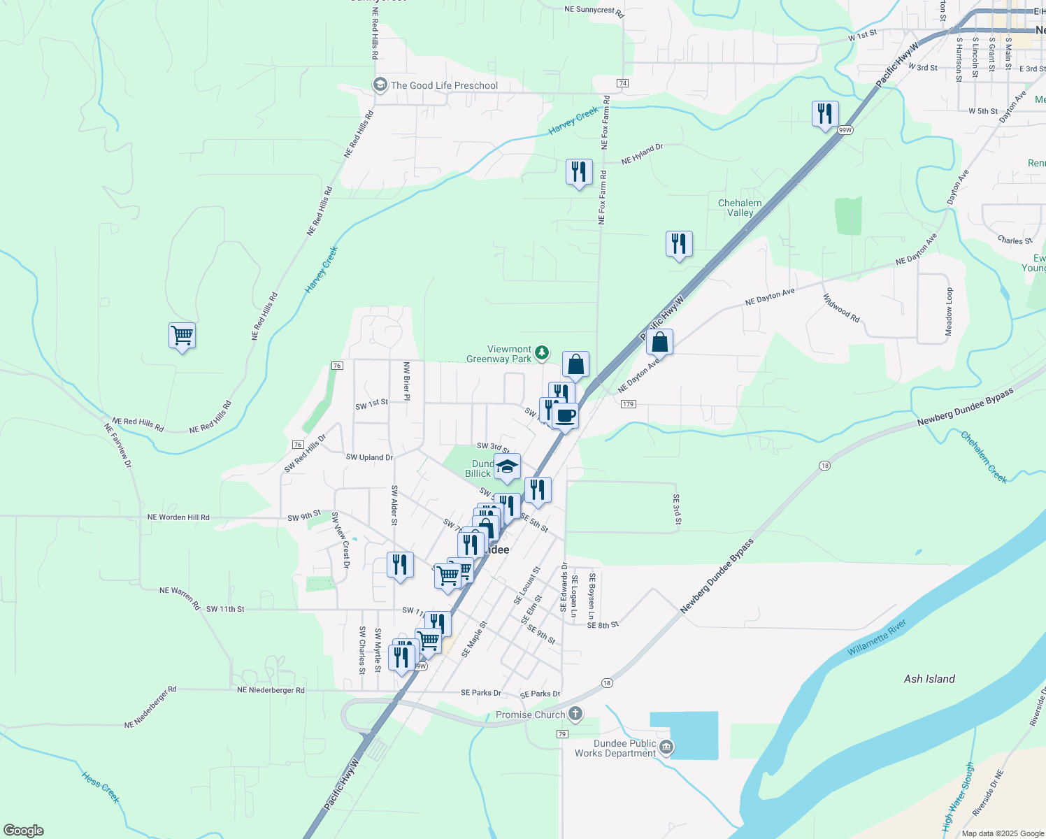 map of restaurants, bars, coffee shops, grocery stores, and more near 248 SW Oliver Ct in Dundee