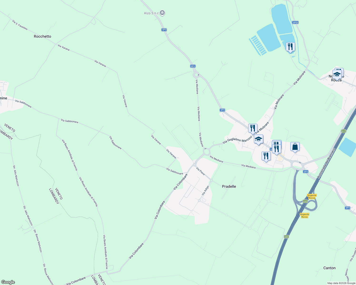 map of restaurants, bars, coffee shops, grocery stores, and more near Via Altiero Spinelli in Provincia di Verona