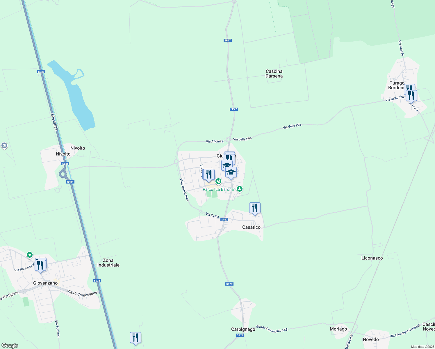 map of restaurants, bars, coffee shops, grocery stores, and more near 28 Via Traviganti in Giussago