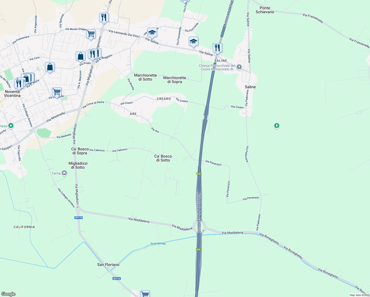 map of restaurants, bars, coffee shops, grocery stores, and more near 135 Via Are in Provincia di Vicenza