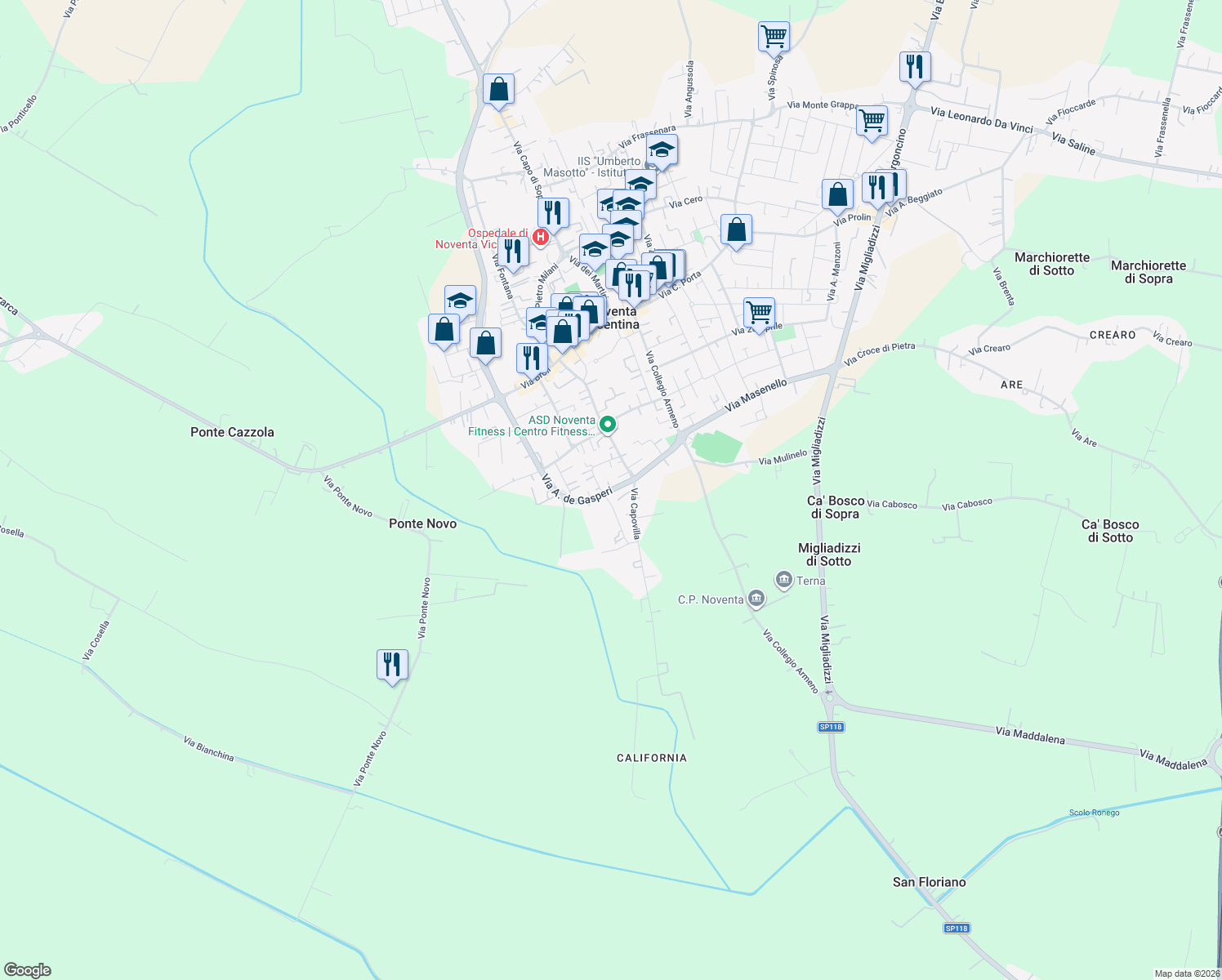 map of restaurants, bars, coffee shops, grocery stores, and more near 50/A Via Borghetto in Noventa Vicentina