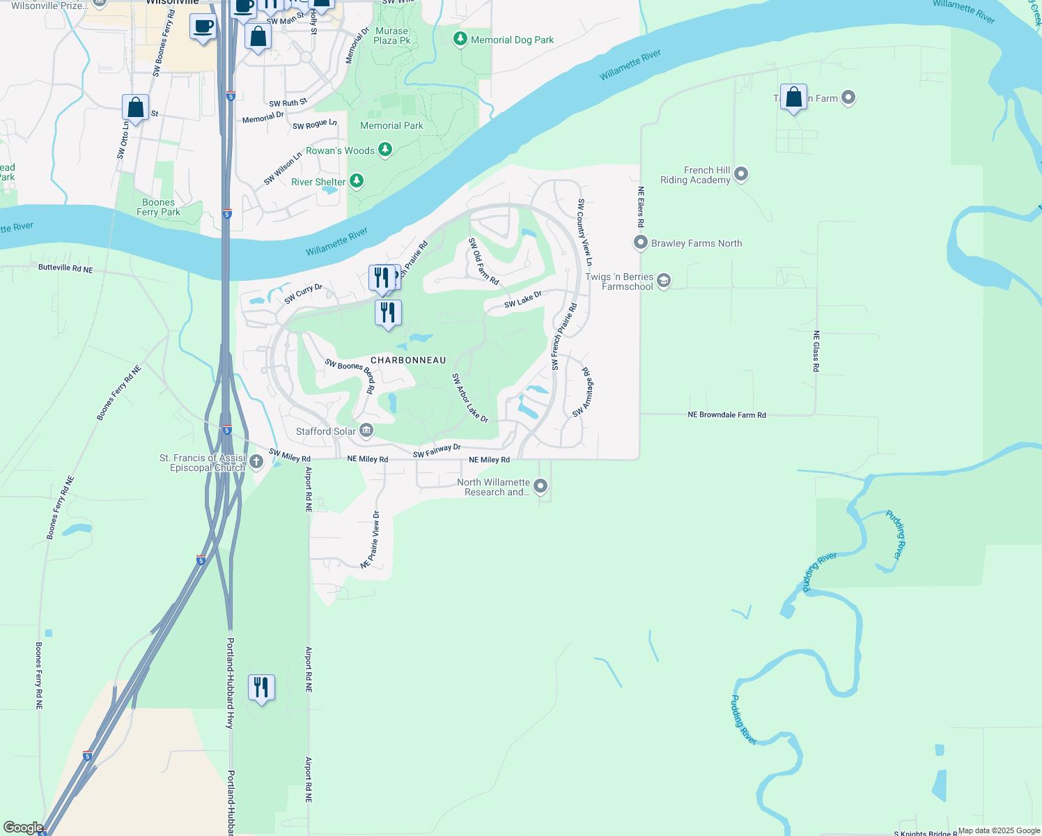map of restaurants, bars, coffee shops, grocery stores, and more near 32570 Southwest Arbor Lake Drive in Wilsonville
