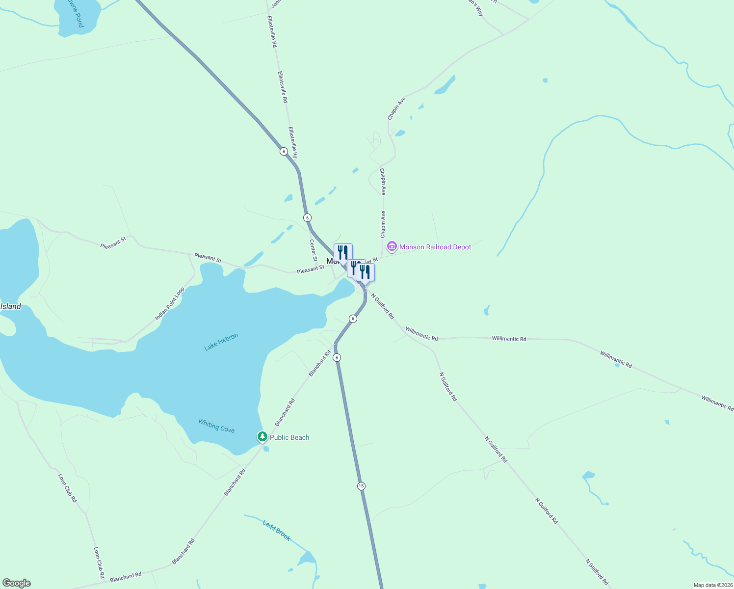 map of restaurants, bars, coffee shops, grocery stores, and more near 4 Mitchell Street in Monson