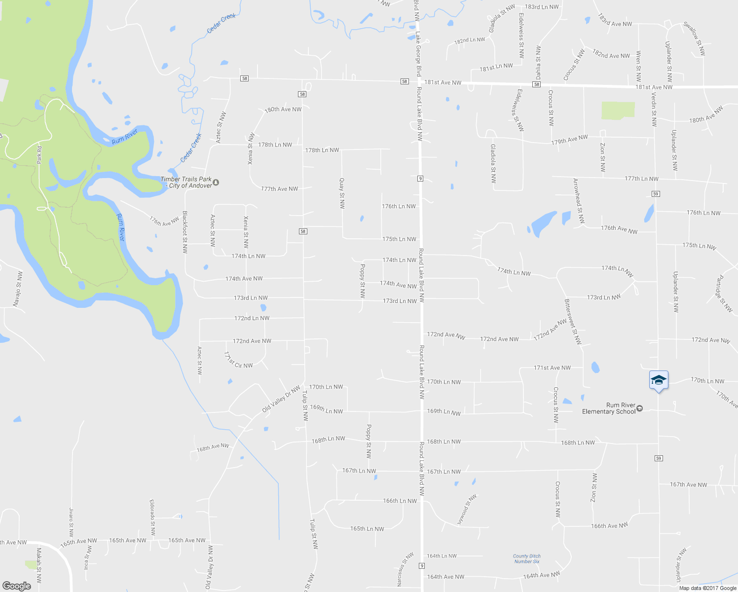 map of restaurants, bars, coffee shops, grocery stores, and more near 3349 173rd Lane Northwest in Andover