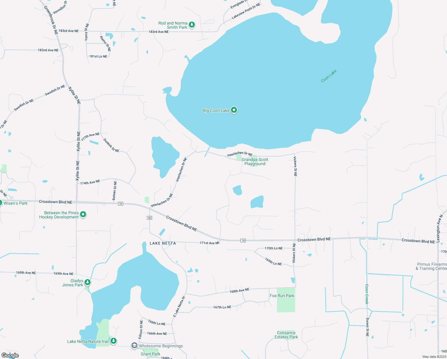 map of restaurants, bars, coffee shops, grocery stores, and more near 17430 Hiawatha Beach Drive Northeast in Ham Lake