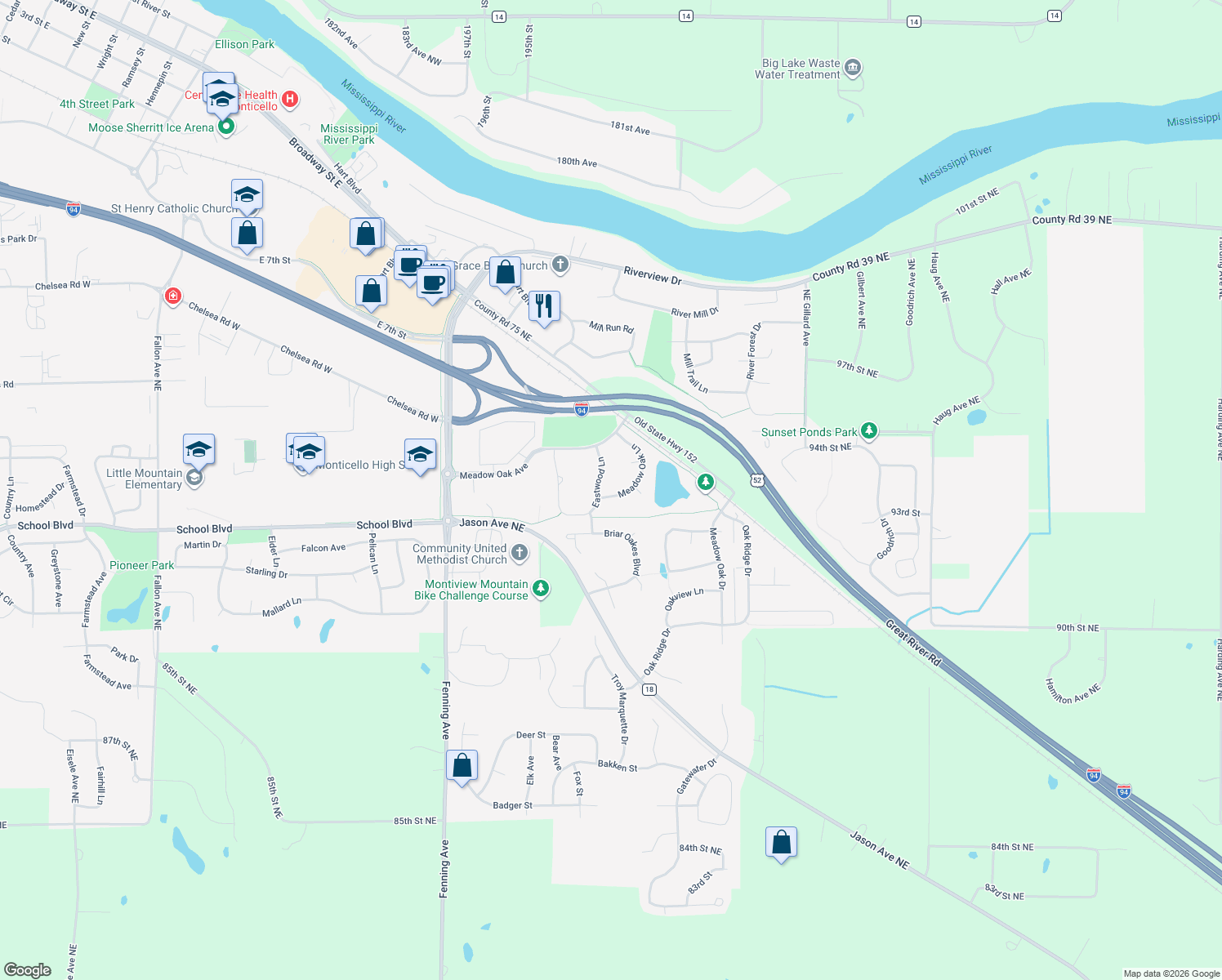 map of restaurants, bars, coffee shops, grocery stores, and more near 2551 Meadow Oak Lane in Monticello