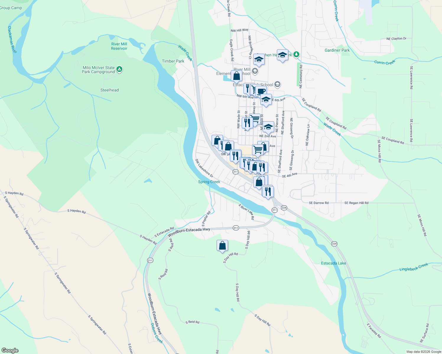 map of restaurants, bars, coffee shops, grocery stores, and more near 476 Southwest Grove Road in Estacada