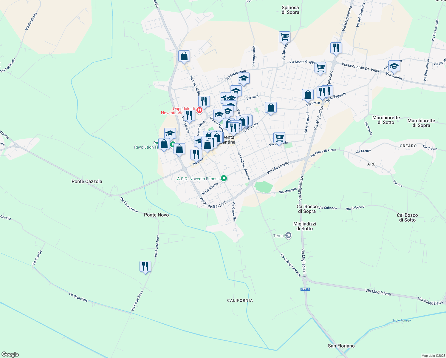 map of restaurants, bars, coffee shops, grocery stores, and more near 61 Via Roma in Noventa Vicentina