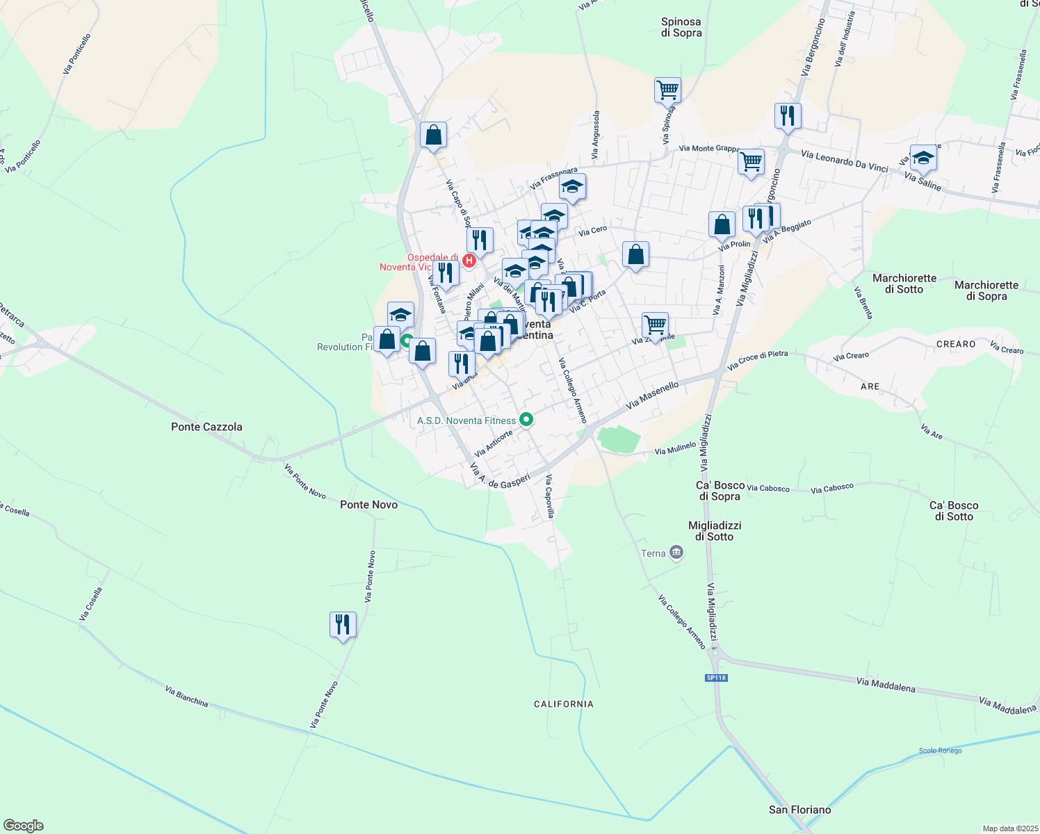 map of restaurants, bars, coffee shops, grocery stores, and more near 61 Via Roma in Noventa Vicentina