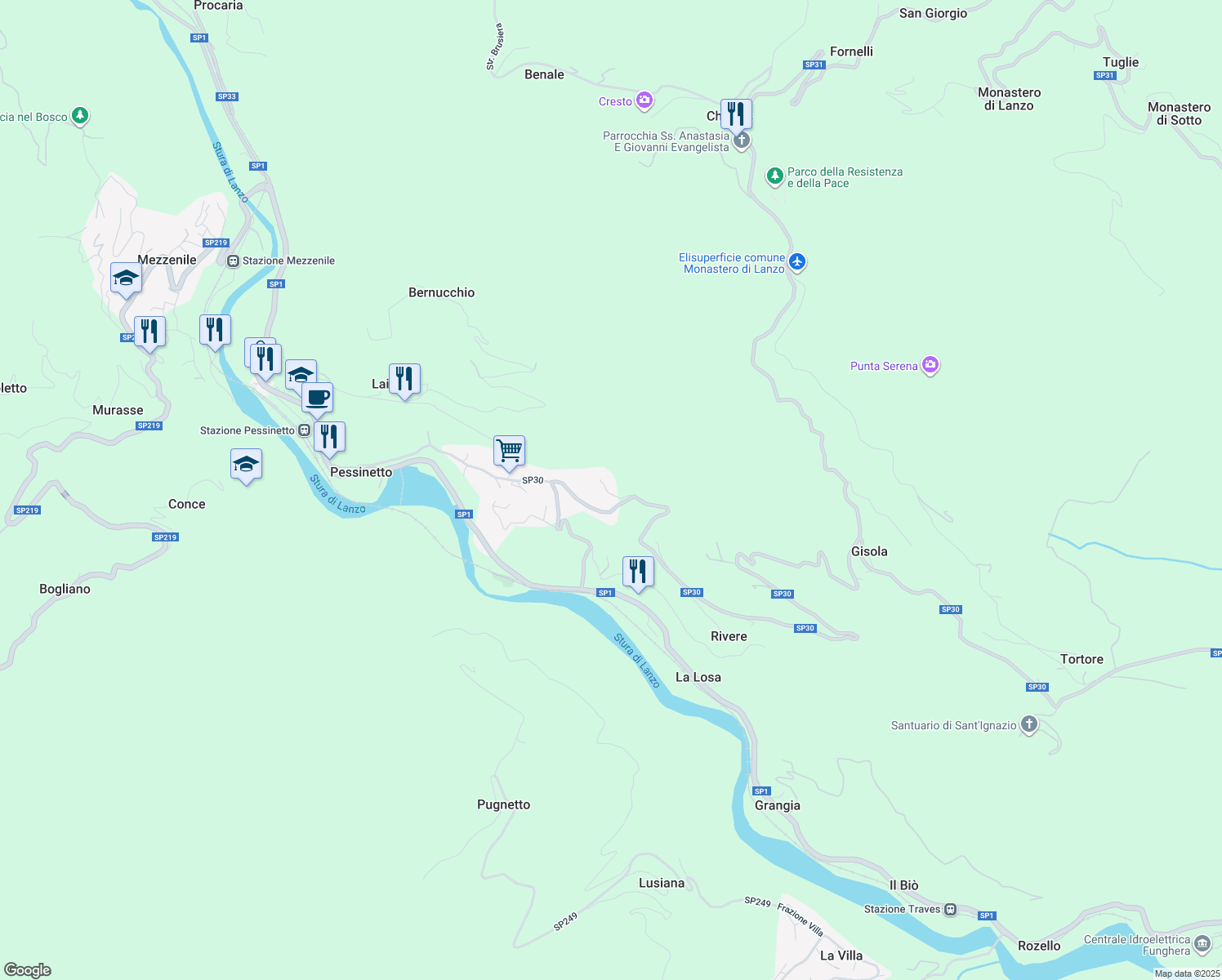 map of restaurants, bars, coffee shops, grocery stores, and more near 10 SP30 in Pessinetto