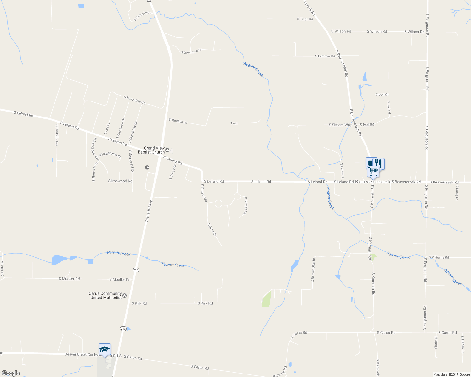 map of restaurants, bars, coffee shops, grocery stores, and more near 22035 South Leslie Avenue in Clackamas