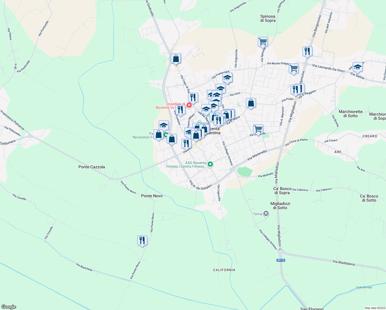 map of restaurants, bars, coffee shops, grocery stores, and more near 2 Via Roma in Noventa Vicentina
