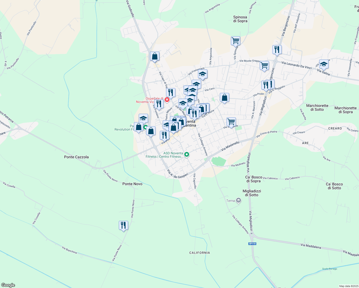 map of restaurants, bars, coffee shops, grocery stores, and more near 54/3 Via Roma in Noventa Vicentina