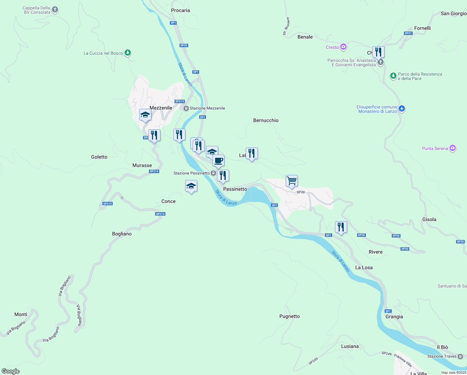 map of restaurants, bars, coffee shops, grocery stores, and more near 10 SP30 in Pessinetto