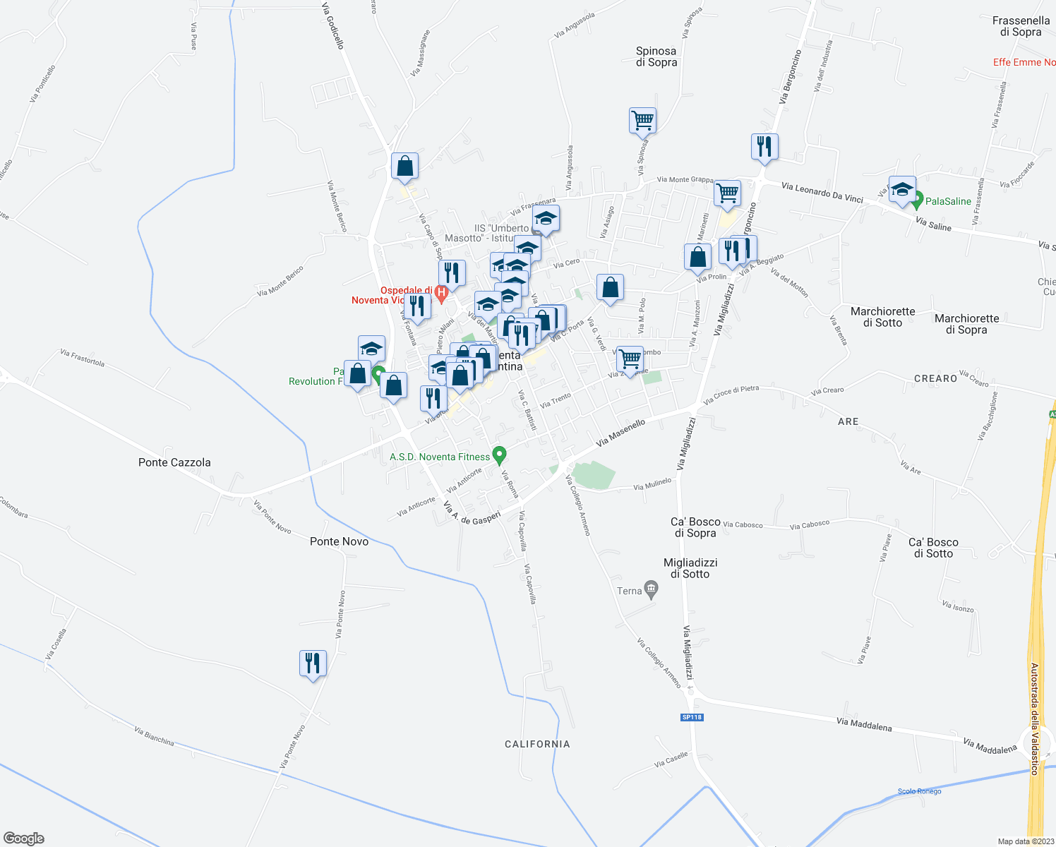 map of restaurants, bars, coffee shops, grocery stores, and more near 34 Via C. Battisti in Noventa Vicentina