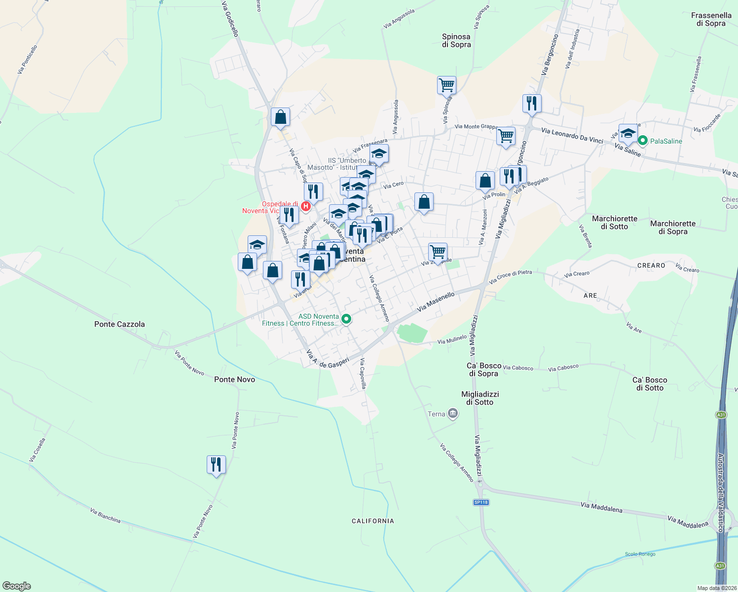 map of restaurants, bars, coffee shops, grocery stores, and more near 34 Via Battisti in Noventa Vicentina