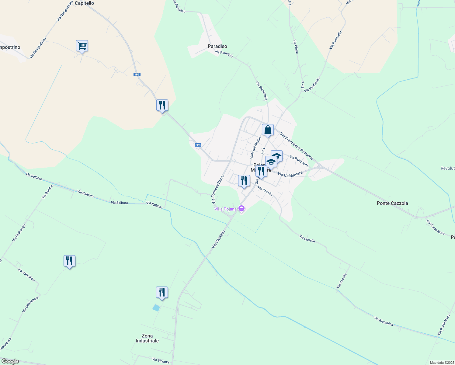 map of restaurants, bars, coffee shops, grocery stores, and more near 18 Via Palladio in Pojana Maggiore
