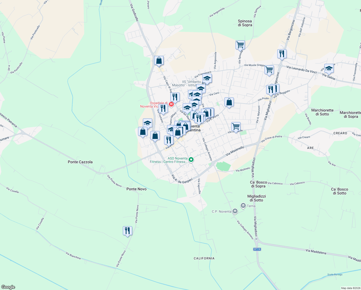 map of restaurants, bars, coffee shops, grocery stores, and more near 54/3 Via Roma in Noventa Vicentina