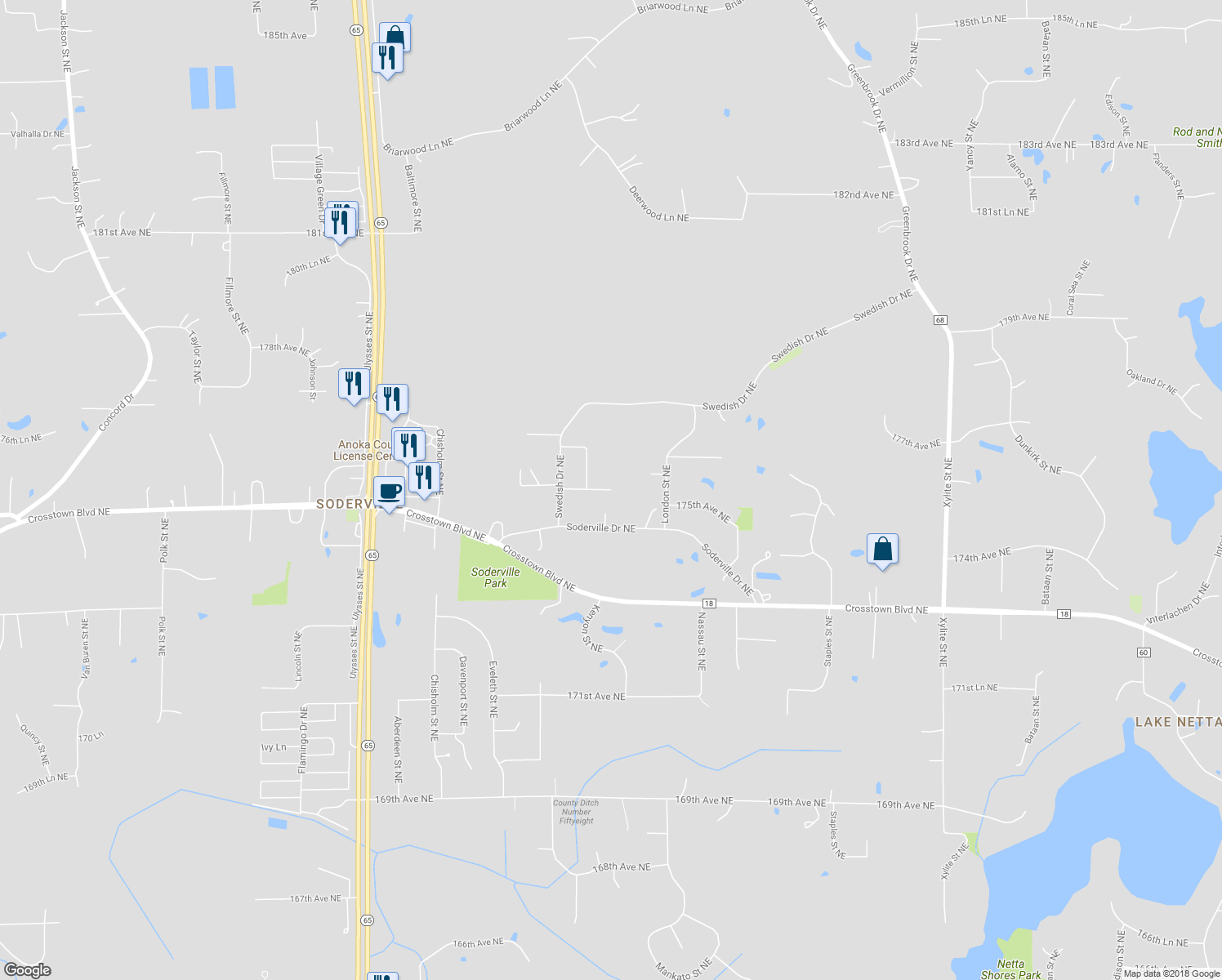 map of restaurants, bars, coffee shops, grocery stores, and more near 2349 175th Lane Northeast in Ham Lake
