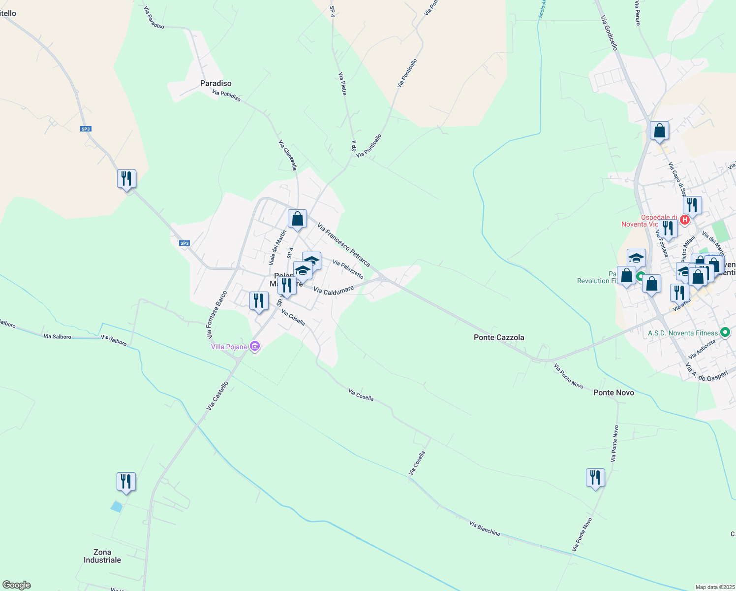 map of restaurants, bars, coffee shops, grocery stores, and more near 37 Via Caldumare in Poiana Maggiore
