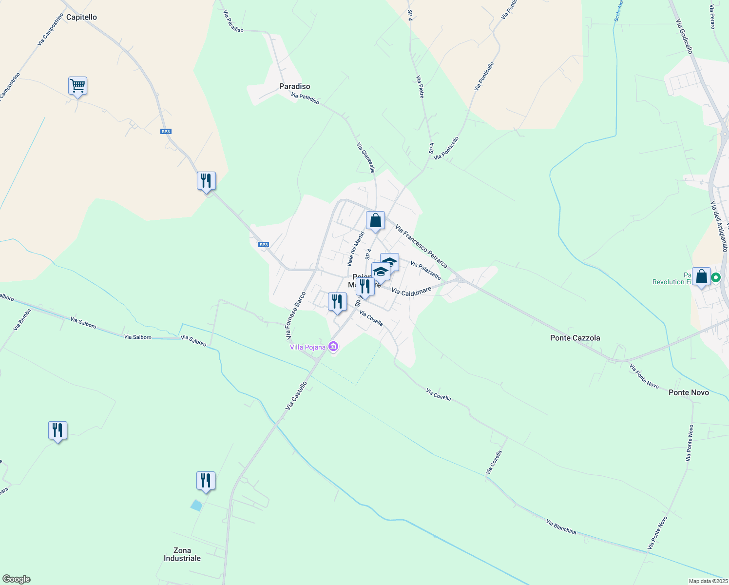 map of restaurants, bars, coffee shops, grocery stores, and more near 4 Via Roma in Poiana Maggiore