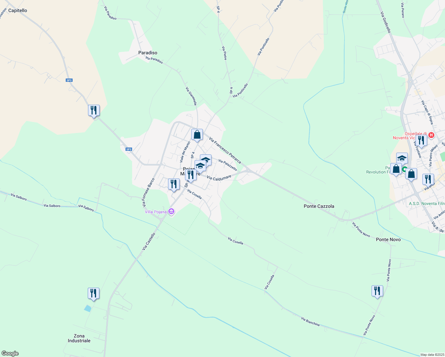 map of restaurants, bars, coffee shops, grocery stores, and more near 37 Via Caldumare in Pojana Maggiore