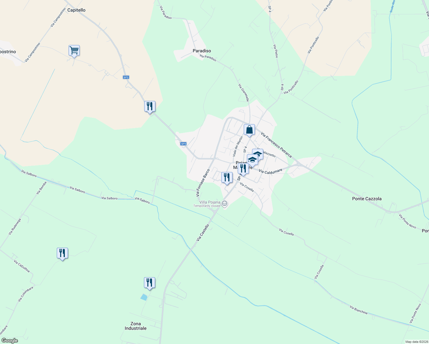 map of restaurants, bars, coffee shops, grocery stores, and more near 3 Vicolo G. B. Brunialti Uno dei Mille in Pojana Maggiore