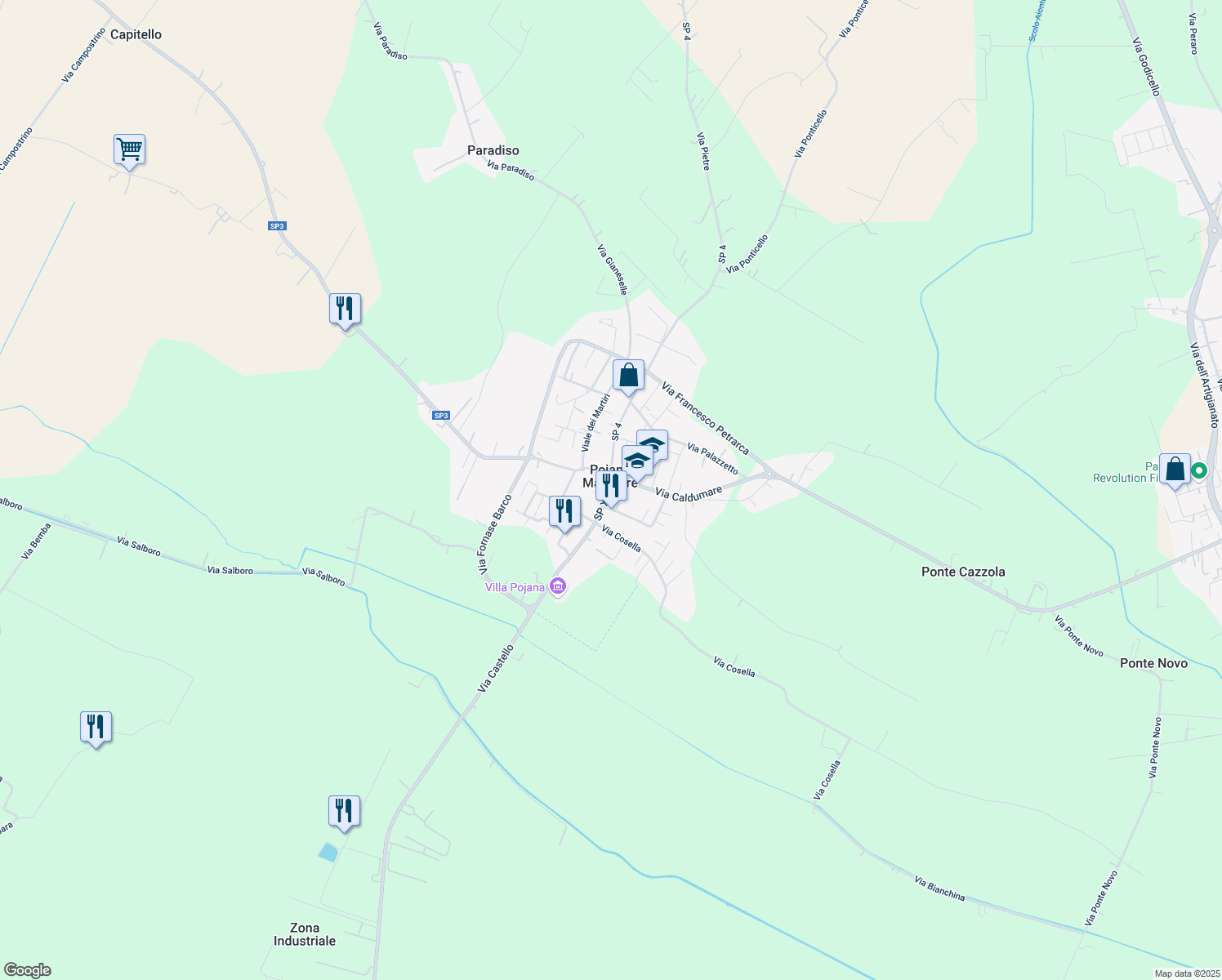map of restaurants, bars, coffee shops, grocery stores, and more near 4 Via Roma in Poiana Maggiore