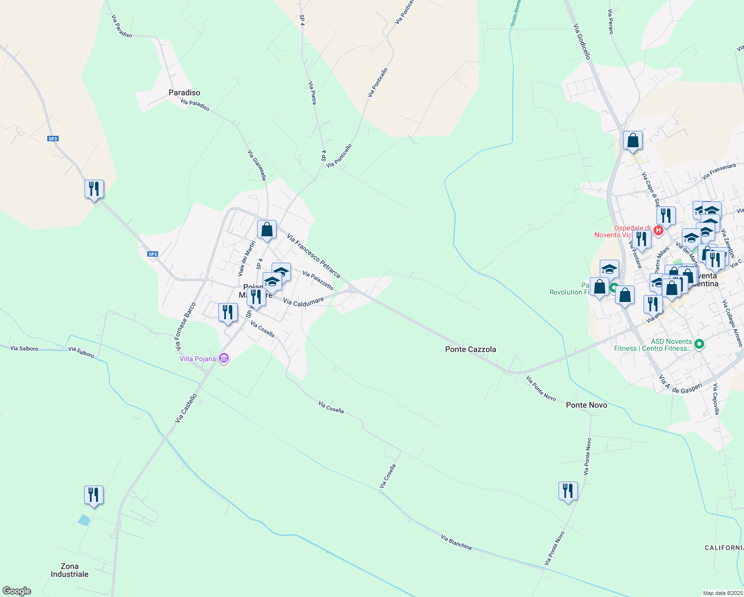 map of restaurants, bars, coffee shops, grocery stores, and more near 84 Via Caldumare in Pojana Maggiore