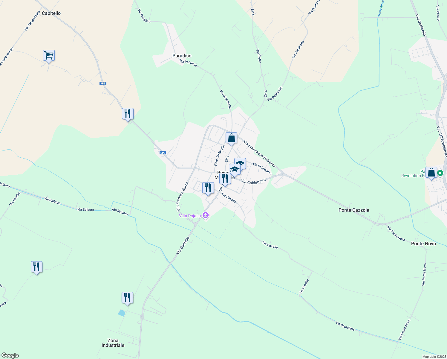 map of restaurants, bars, coffee shops, grocery stores, and more near 4 Via Roma in Poiana Maggiore
