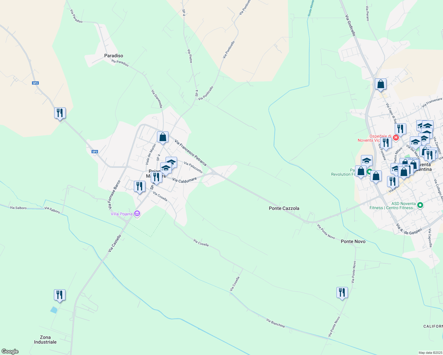 map of restaurants, bars, coffee shops, grocery stores, and more near 84 Via Caldumare in Pojana Maggiore