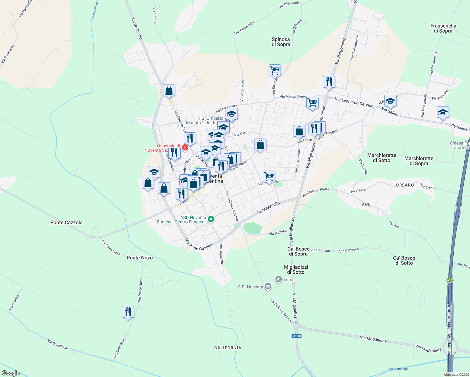 map of restaurants, bars, coffee shops, grocery stores, and more near 16 Via Trieste in Noventa Vicentina