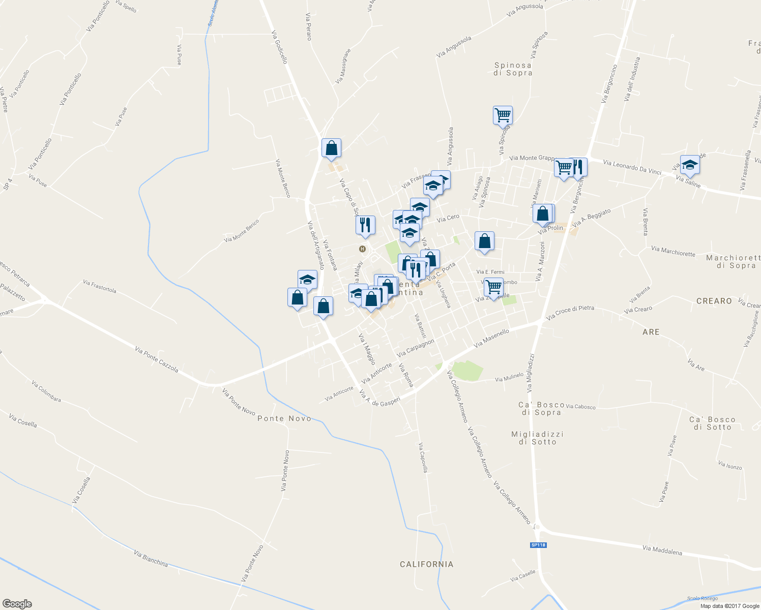 map of restaurants, bars, coffee shops, grocery stores, and more near 119 Via Giacomo Matteotti in Noventa Vicentina