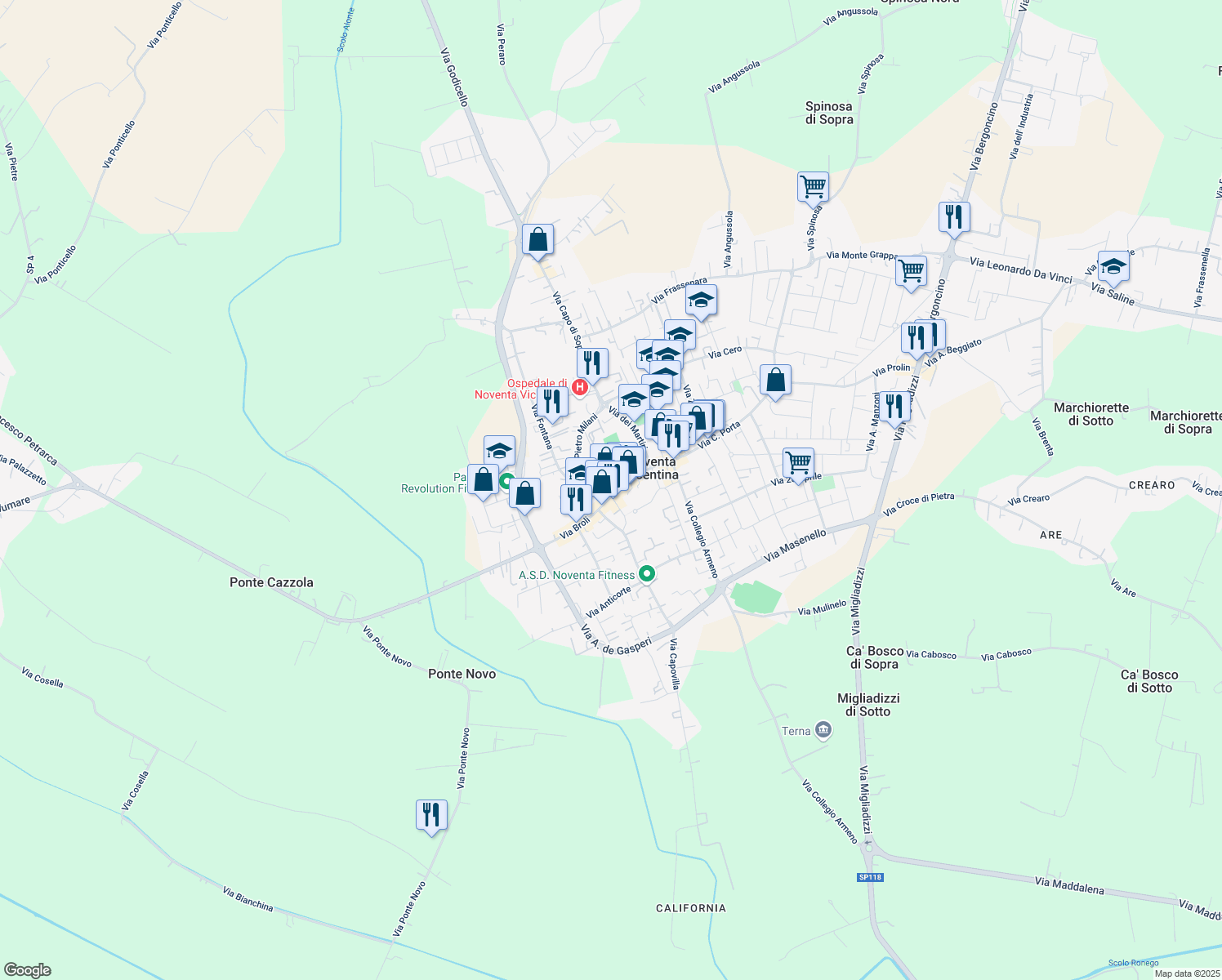 map of restaurants, bars, coffee shops, grocery stores, and more near 119 Via Giacomo Matteotti in Noventa Vicentina