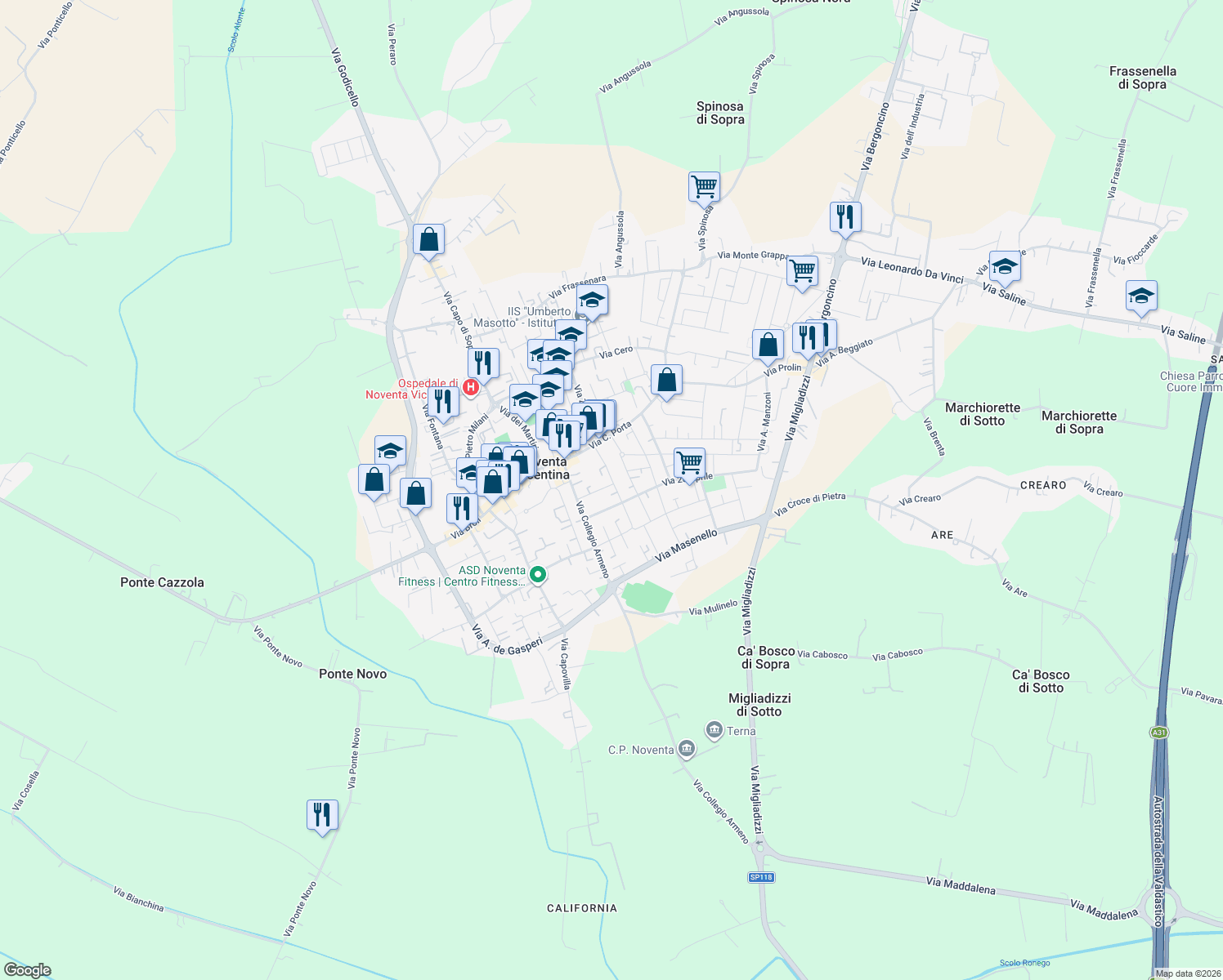 map of restaurants, bars, coffee shops, grocery stores, and more near 16 Via Trieste in Noventa Vicentina