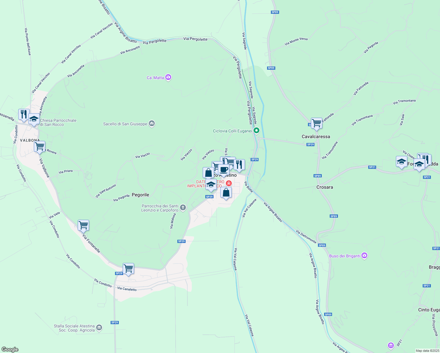 map of restaurants, bars, coffee shops, grocery stores, and more near 21 Piazza Vittorio Emanuele II in Lozzo Atestino