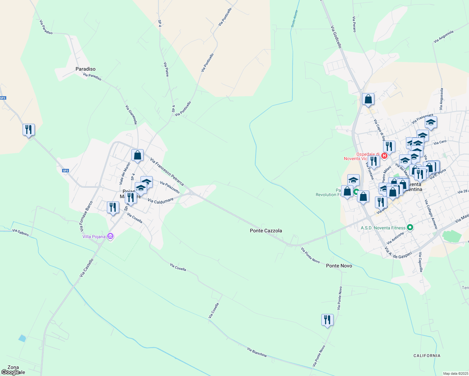 map of restaurants, bars, coffee shops, grocery stores, and more near 13 Via Frastortola in Pojana Maggiore