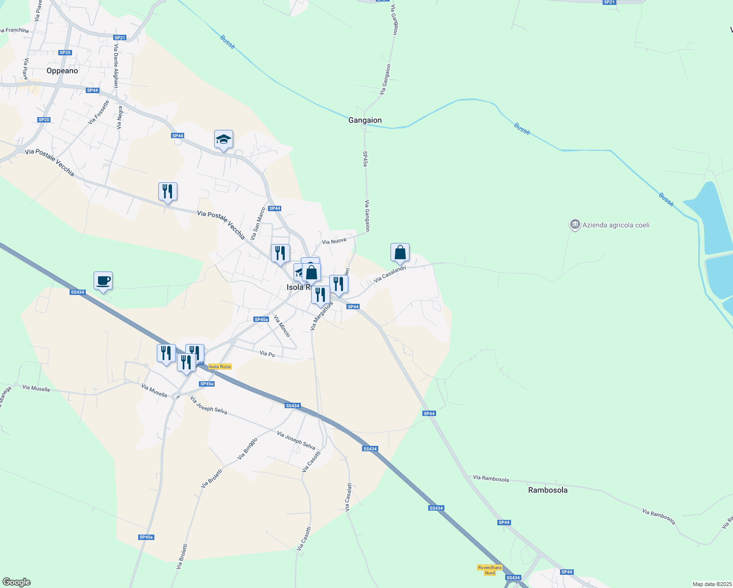 map of restaurants, bars, coffee shops, grocery stores, and more near 193 Via Casalandri in Isola Rizza