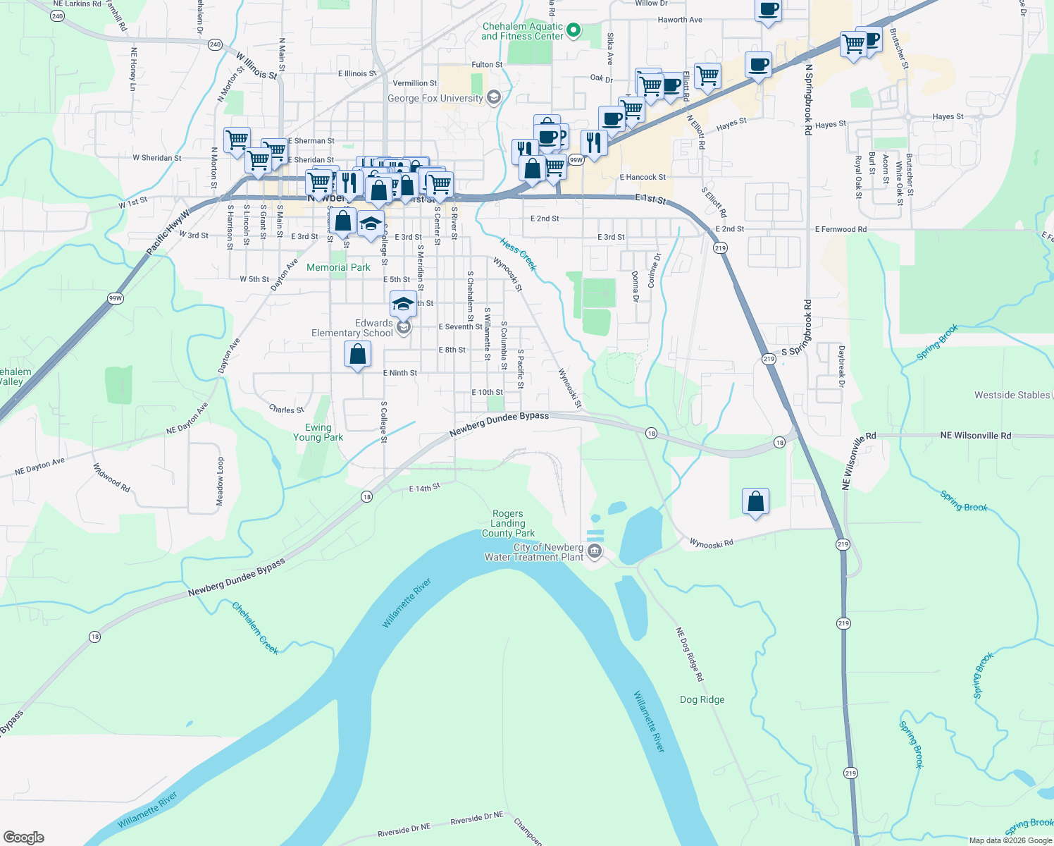 map of restaurants, bars, coffee shops, grocery stores, and more near 1500 East 11th Street in Newberg