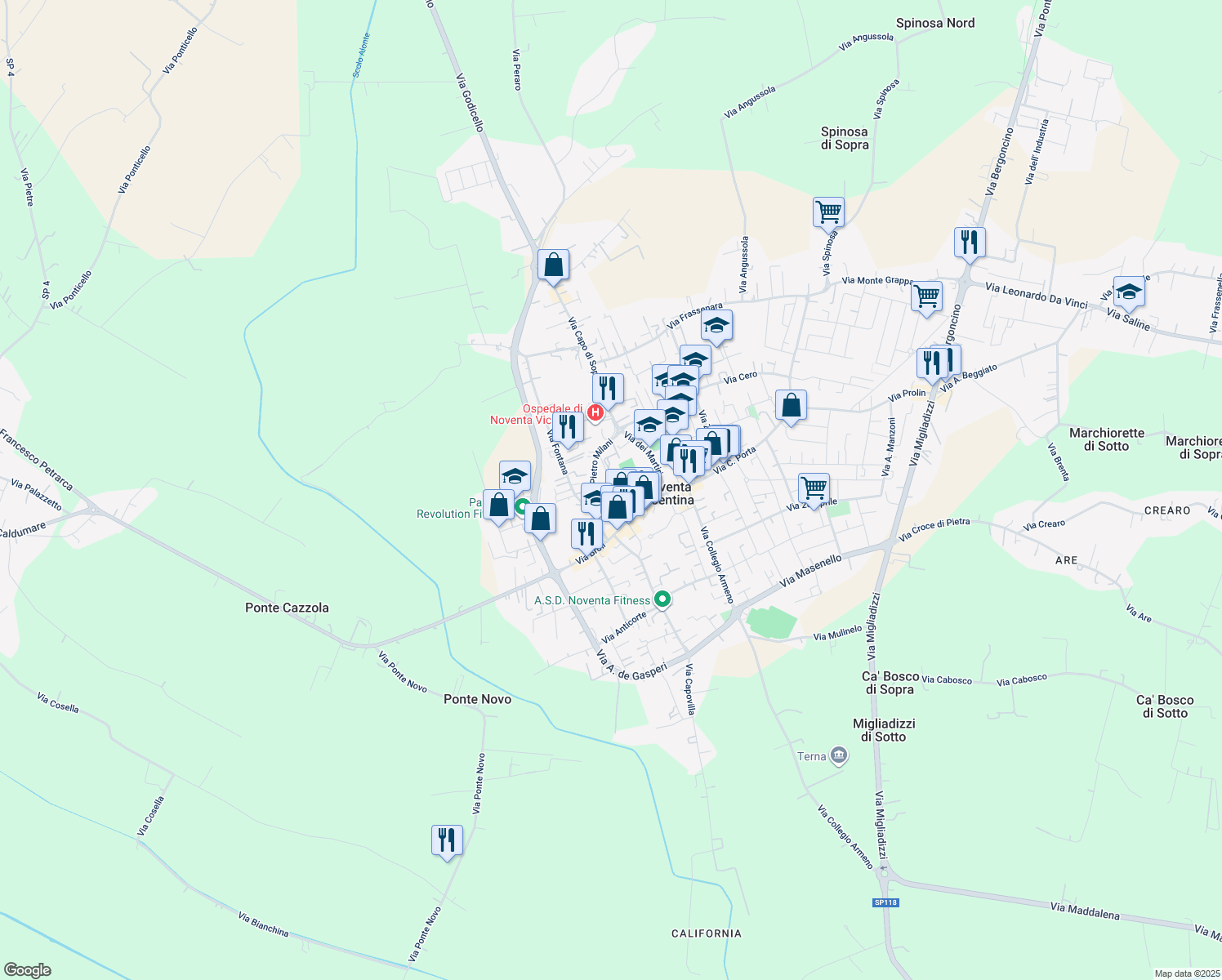map of restaurants, bars, coffee shops, grocery stores, and more near 792 Via Masotto in Noventa Vicentina