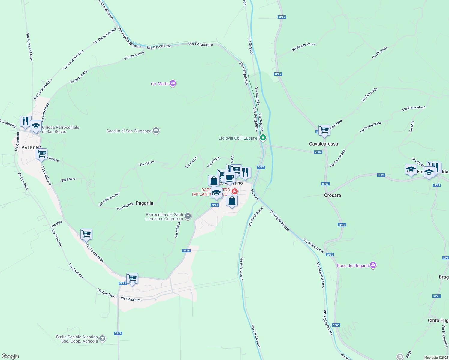 map of restaurants, bars, coffee shops, grocery stores, and more near 21 Piazza Vittorio Emanuele II° in Lozzo Atestino
