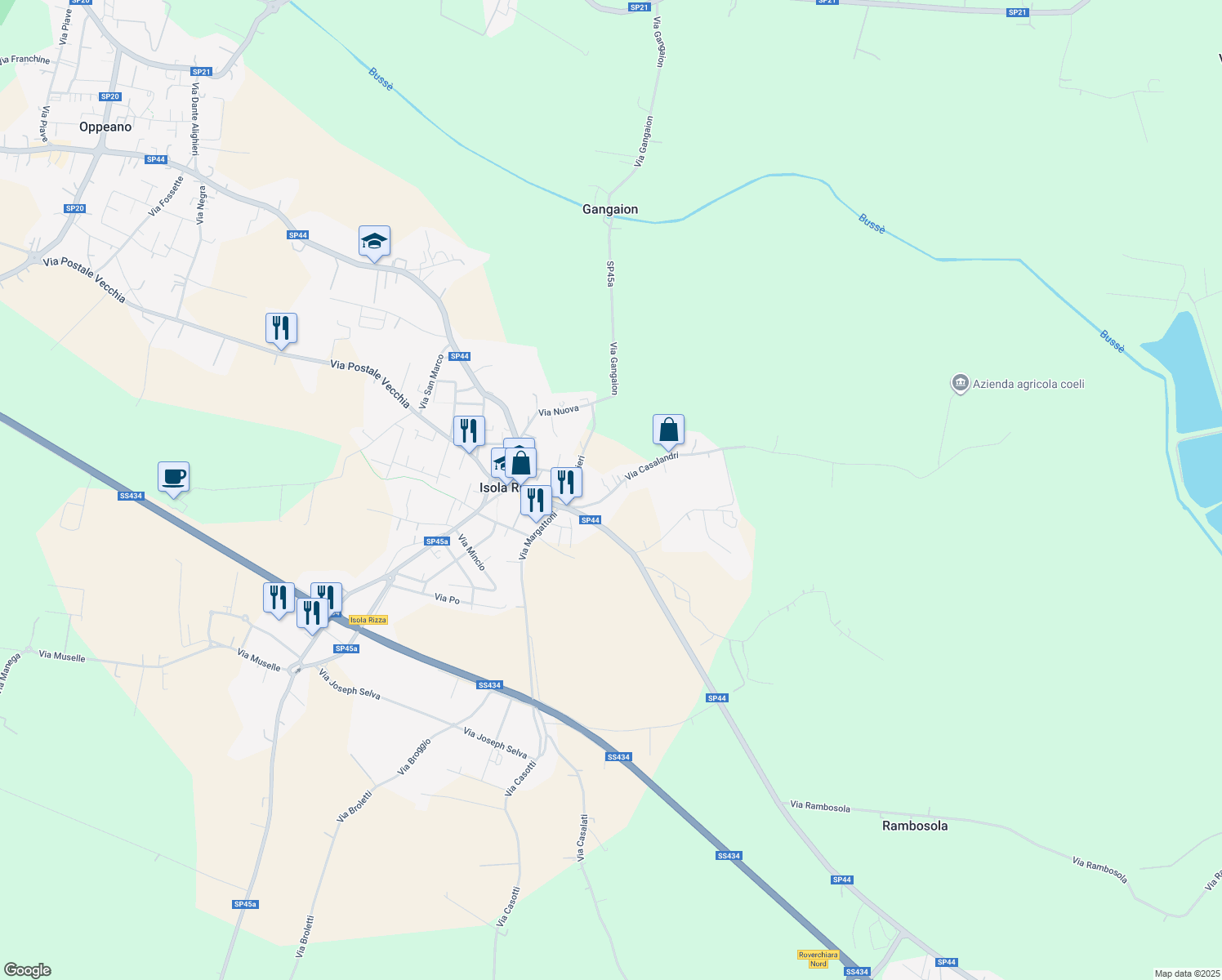 map of restaurants, bars, coffee shops, grocery stores, and more near 193 Via Casalandri in Isola Rizza
