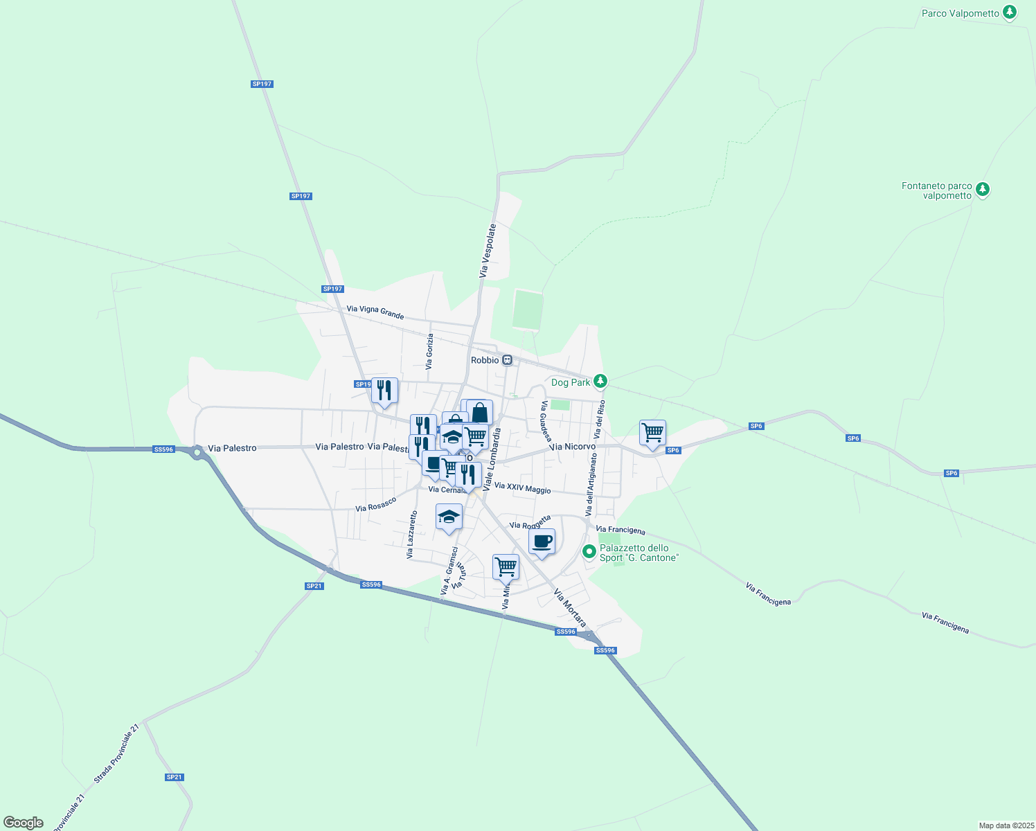 map of restaurants, bars, coffee shops, grocery stores, and more near 33 Via Ipporidie in Robbio