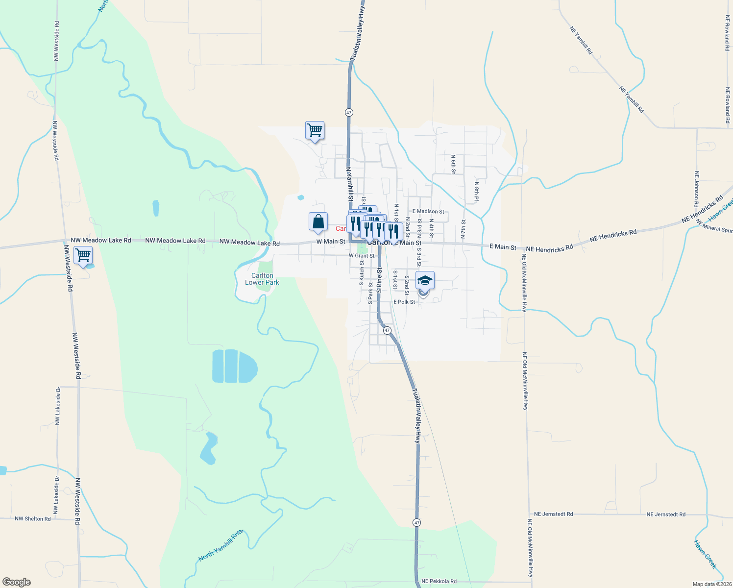 map of restaurants, bars, coffee shops, grocery stores, and more near 501 South Park Street in Carlton